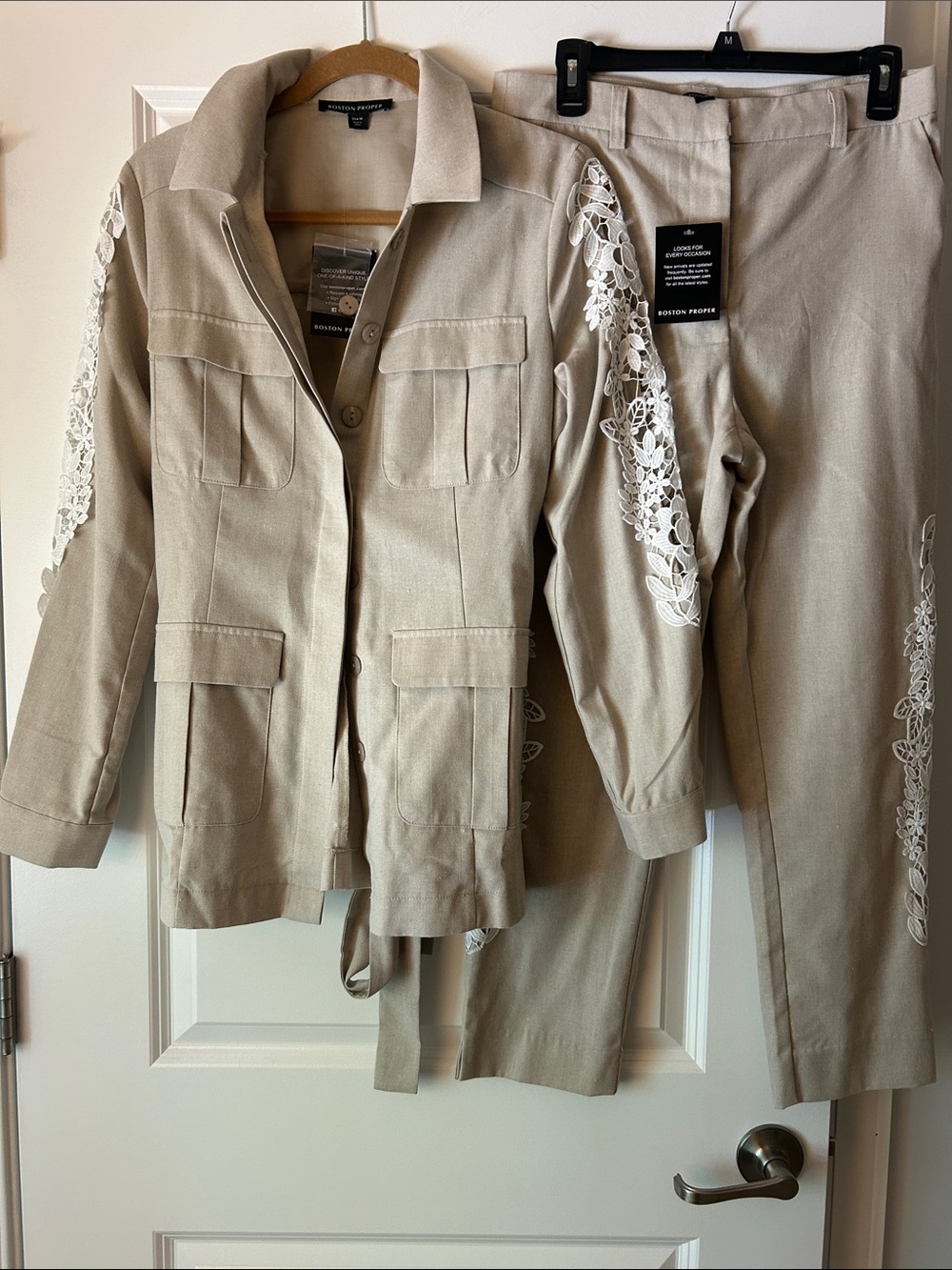 Boston Proper Cream Embroidered Utility Jacket with Matching Pants